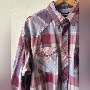Vintage Wrangler Made In USA Western Red and Purple Plaid Shirt w Pearl Snaps XL